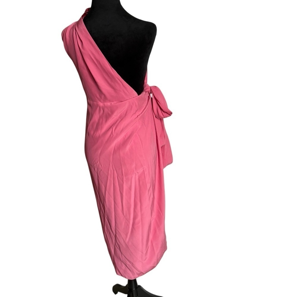 Azeeza Pink Silk One Shoulder Midi Dress Ruched Tie Waist XS - Picture 6 of 8